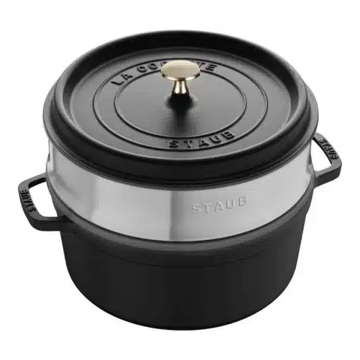Casseruola Rotonda in Ghisa Nera 26 cm con cestello a vapore inox Staub