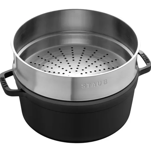 Casseruola Rotonda in Ghisa Nera 26 cm con cestello a vapore inox Staub - immagine 2